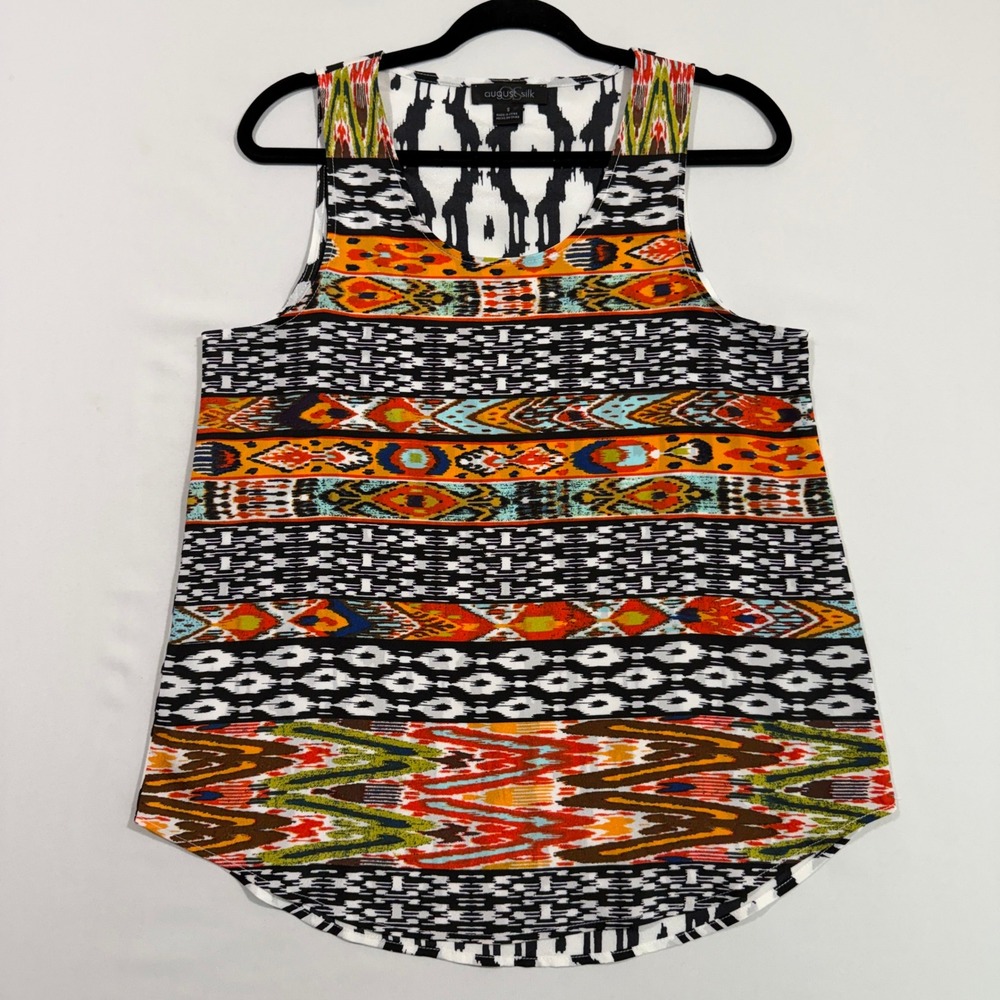 August Silk Womens Tank Top Multicolor Geometric Ikat Print S Sleeveless Blouse